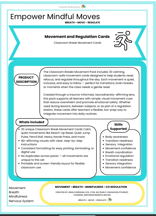 Classroom Breaks Movement Regulation Cards