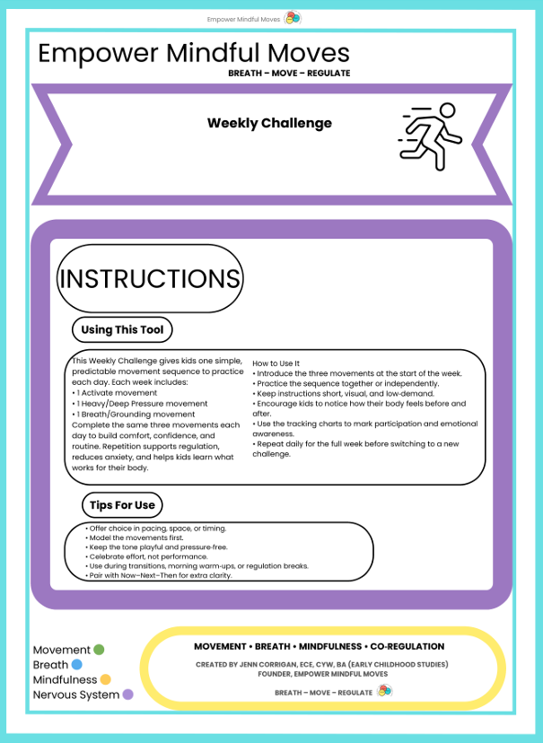 weekly Challenge : - Movement Regulation Routine Toe Taps • Lizard Lunge • Forward Fold Hang   ND‑Affirming • Classroom‑Ready • Low‑Demand • Evidence‑Aligned