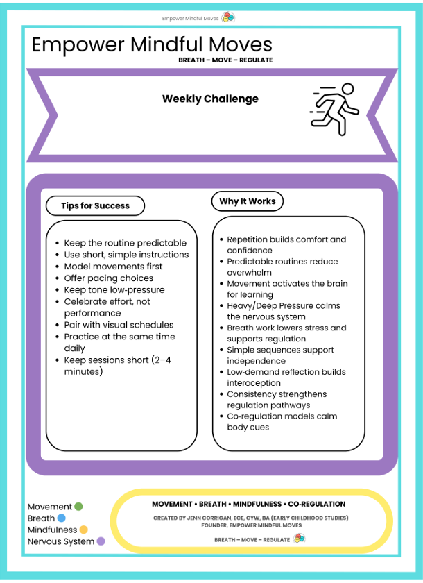 weekly Challenge : - Movement Regulation Routine Toe Taps • Lizard Lunge • Forward Fold Hang   ND‑Affirming • Classroom‑Ready • Low‑Demand • Evidence‑Aligned