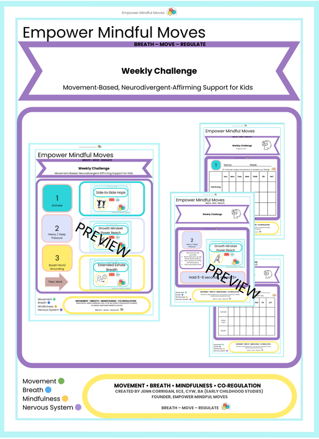 Weekly Challenge 3 Side‑to‑Side Hops • Growth Mindset Power Reach • Extended Exhale Breath   Movement‑Based Regulation for Kids | ND‑Affirming | Printable PDF
