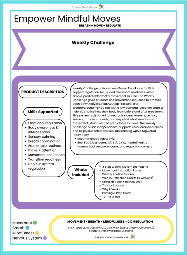 Weekly Challenge 3 Side‑to‑Side Hops • Growth Mindset Power Reach • Extended Exhale Breath   Movement‑Based Regulation for Kids | ND‑Affirming | Printable PDF