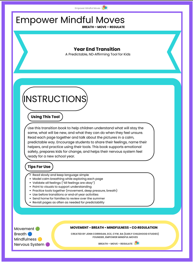 Year End Transition Book for Kids | ND‑Affirming Visual Support | Empower Mindful Moves