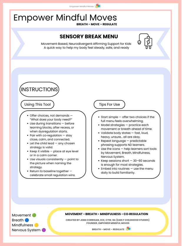 Neurodivergent‑Friendly Sensory Break Menu | Movement‑Based Regulation Poster Set