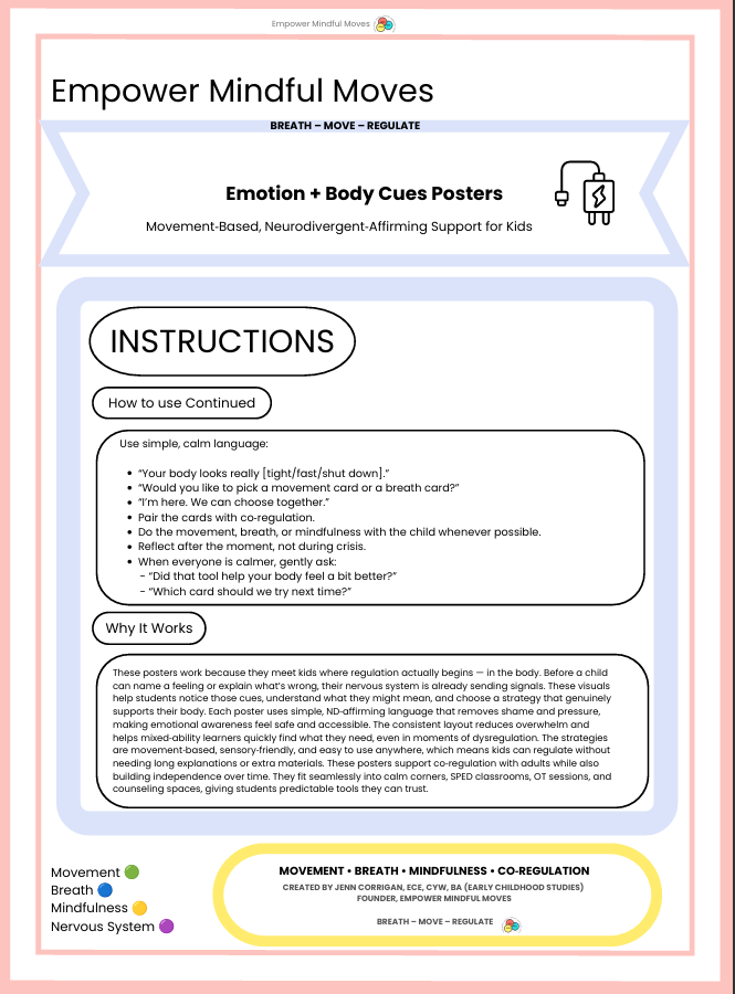 LARGE motion + Body Cues Posters | ND‑Affirming Regulation Toolkit for Kids | Movement‑Based Calm Corner Visuals